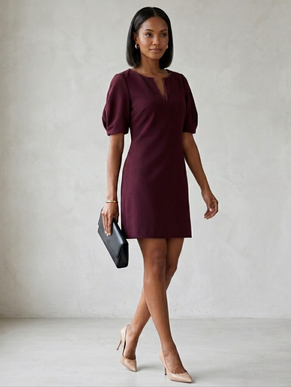 Express Burgundy V-Neck Puff Sleeve Shift Dress Medium